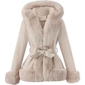 Women's Trench Coat Faux Suede Jacket Winter Hooded Overcoat with Belt- Beige